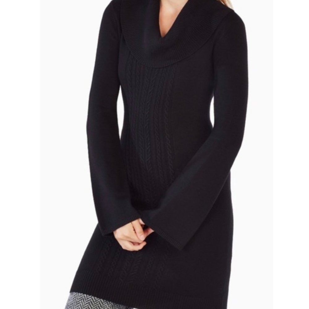 BCBG Black Cowl Neck Cable Knit Bell Sleeve Sweater Dress Mini Tunic
